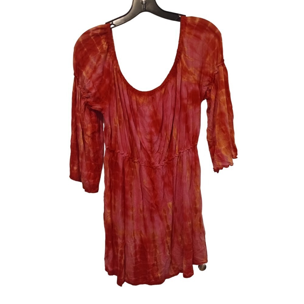 Red Pink tie dye swoop neck flowy tunic top‎